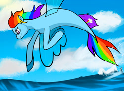 Size: 1280x945 | Tagged: safe, artist:folkloriankid, derpibooru import, rainbow dash, pegasus, pony, seapony (g4), my little pony: the movie, cloud, dorsal fin, female, fin wings, fins, fish tail, looking down, multicolored hair, ocean, pink eyes, seaponified, seapony rainbow dash, sky, smiling, solo, species swap, spread wings, tail, water, wings