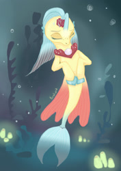 Size: 1280x1810 | Tagged: safe, artist:horytsvit, derpibooru import, princess skystar, seapony (g4), my little pony: the movie, bioluminescent, blue mane, eyes closed, female, fin wings, fins, fish tail, flower, flower in hair, flowing mane, flowing tail, freckles, glow, jewelry, necklace, pearl necklace, seaweed, solo, tail, underwater, wings