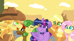 Size: 1024x576 | Tagged: safe, artist:llyly, derpibooru import, applejack, braeburn, fluttershy, twilight sparkle, twilight sparkle (alicorn), alicorn, applecest, blushing, braeburn gets all the mares, braejack, braeshy, female, incest, male, shipping, straight, twiburn