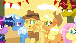 Size: 1024x576 | Tagged: safe, artist:llyly, derpibooru import, applejack, braeburn, fluttershy, trixie, twilight sparkle, twilight sparkle (alicorn), oc, oc:golden "goldie" touch, alicorn, applecest, blushing, braeburn gets all the mares, braejack, braeshy, female, incest, male, princess trixie sparkle, shipping, straight, trixburn, twiburn