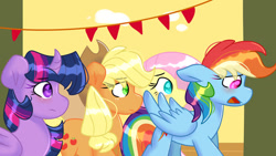 Size: 1024x576 | Tagged: safe, artist:llyly, derpibooru import, applejack, fluttershy, rainbow dash, twilight sparkle, twilight sparkle (alicorn), alicorn