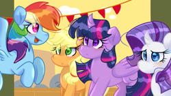 Size: 1024x576 | Tagged: safe, artist:llyly, derpibooru import, applejack, rainbow dash, rarity, twilight sparkle, twilight sparkle (alicorn), alicorn