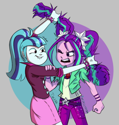 Size: 648x682 | Tagged: safe, artist:beefgummies, derpibooru import, adagio dazzle, aria blaze, sonata dusk, human, siren, equestria girls, rainbow rocks, angry, antagonist, bracelet, catfight, clothes, cute, duo, female, gem, grin, hair pulling, jewelry, lip bite, one eye closed, open mouth, pigtails, ponytail, rolled up sleeves, siren gem, skirt, smiling, stars, the dazzlings, villainess