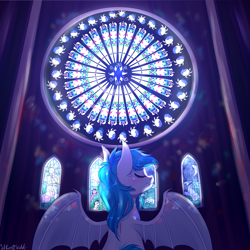 Size: 3000x3000 | Tagged: safe, artist:silbersternenlicht, derpibooru import, oc, oc:power note, bat pony, album cover, cathedral, church, holly, praying