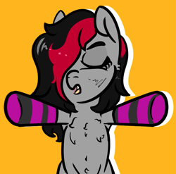 Size: 727x717 | Tagged: safe, artist:lazerblues, derpibooru import, oc, oc only, oc:miss eri, earth pony, pony, chest fluff, clothes, poggers, socks, solo, striped socks