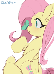 Size: 677x931 | Tagged: safe, artist:lexiedraw, derpibooru import, fluttershy, butterfly, pegasus, pony, butterfly on nose, insect on nose, profile, sitting, solo