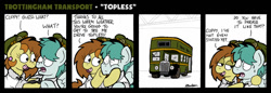 Size: 1024x352 | Tagged: safe, artist:bobthedalek, derpibooru import, oc, oc only, oc:bubble pump, oc:clippy ticket, earth pony, pegasus, pony, comic:trottingham transport, bus, clothes, hat, shirt, sweat, sweatdrop, we don't normally wear clothes