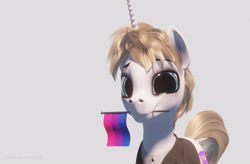 Size: 3300x2160 | Tagged: safe, alternate version, artist:etherium-apex, oc, oc:rosin bow, pony, unicorn, 2021, 3d, bisexual, blender eevee, clothes, flag, male, pride, pride flag, simple background, solo, watermark, white background
