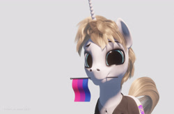 Size: 3300x2160 | Tagged: safe, alternate version, artist:virileth, oc, oc:rosin bow, pony, unicorn, 2021, 3d, bisexual, blender eevee, clothes, flag, male, pride, pride flag, simple background, solo, watermark, white background