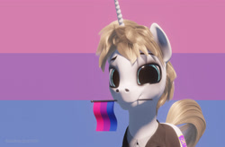 Size: 3300x2160 | Tagged: safe, alternate version, artist:etherium-apex, oc, oc:rosin bow, pony, unicorn, 2021, 3d, bisexual, blender eevee, clothes, flag, male, pride, pride month, solo, watermark