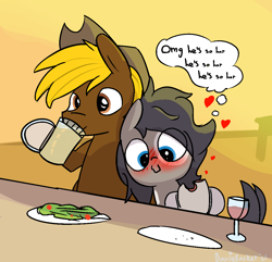 Size: 1086x1049 | Tagged: safe, artist:davierocket, oc, oc only, oc:acres, oc:longfolia, earth pony, pony, alcohol, bar, beer, blushing, blushing profusely, c:, date, drink, drinking, food, gay, heart, holding, male, salad, stallion, thought bubble, wine, wine glass