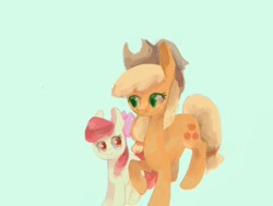 Size: 1280x970 | Tagged: safe, artist:twico, derpibooru import, apple bloom, applejack, earth pony, pony, apple bloom's bow, applejack's hat, bow, clothes, cowboy hat, duo, duo female, female, filly, hair bow, hat, mare, siblings