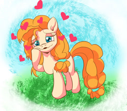 Size: 1280x1120 | Tagged: safe, artist:zeronixma, derpibooru import, pear butter, earth pony, pony, atg 2021, female, floating heart, heart, heart eyes, mare, newbie artist training grounds, scene interpretation, wingding eyes