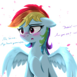 Size: 2000x2000 | Tagged: safe, artist:darksly, derpibooru import, rainbow dash, pegasus, pony, atg 2021, blushing, cute, dialogue, female, high res, implied twilight sparkle, mare, newbie artist training grounds, offscreen character, petals, raised hoof, raised leg, shipping, simple background, solo, spread wings, white background, wings