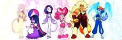 Size: 1500x500 | Tagged: safe, artist:jvartes6112, derpibooru import, applejack, fluttershy, pinkie pie, rainbow dash, rarity, twilight sparkle, human, :d, bracelet, clothes, crossover, dress, eyelashes, feet, female, gem, gloves, humanized, jasper (steven universe), jewelry, lapis lazuli (steven universe), mane six, pearl (steven universe), pinel, sapphire (steven universe), smiling, species swap, spinel (steven universe), steven universe, thinking, wings