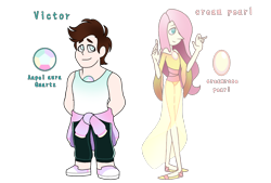 Size: 1596x1080 | Tagged: safe, artist:jvartes6112, derpibooru import, fluttershy, oc, human, clothes, crossover, duo, female, hair over one eye, humanized, male, pants, simple background, smiling, species swap, steven universe, transparent background