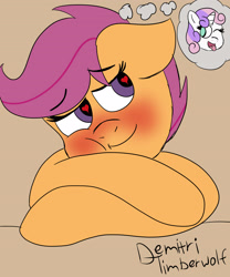 Size: 3000x3600 | Tagged: safe, artist:demitri, derpibooru import, scootaloo, sweetie belle, pegasus, pony, unicorn, blushing, crush, ears, eyebrows, eyebrows visible through hair, female, floppy ears, heart eyes, high res, lesbian, newbie artist training grounds, one eye closed, open mouth, open smile, scootabelle, shipping, smiling, thought bubble, tongue, tongue out, wingding eyes, wink