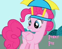 Size: 454x360 | Tagged: safe, derpibooru import, pinkie pie, pegasus, pony, 2009, generation b, hat, looking down, my little pony adventures, pegasus pinkie pie, prototype, race swap, show bible, show pilot, smiling, start of ponies, umbrella, umbrella hat