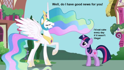 Size: 1280x720 | Tagged: safe, derpibooru import, edit, edited screencap, screencap, princess celestia, twilight sparkle, friendship is magic, animation error, cake, duo, eyes closed, food