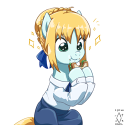 Size: 2000x2000 | Tagged: safe, artist:digiral, derpibooru import, earth pony, pony, anime, artoria pendragon, eating, fate/stay night, female, food, heart eyes, herbivore, high res, mare, ponified, saber, sandwich, simple background, solo, sword, weapon, white background, wingding eyes