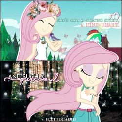 Size: 1080x1080 | Tagged: safe, derpibooru import, edit, edited screencap, editor:flutteriaeth, screencap, fluttershy, rainbow dash, bird, equestria girls, legend of everfree, legend of everfree - bloopers, belt, camp everfree outfits, clothes, cute, duo, duo female, eyes closed, female, shyabetes, sleeveless, tanktop