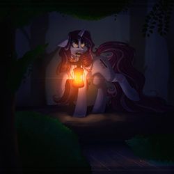 Size: 2449x2449 | Tagged: safe, artist:mediasmile666, derpibooru import, oc, oc only, pony, unicorn, bandage, bush, ears, female, floppy ears, high res, horn, lamp, lantern, mare, mouth hold, night, outdoors, raised hoof, raised leg, solo, tree, unicorn oc