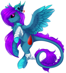 Size: 2329x2575 | Tagged: safe, artist:mediasmile666, derpibooru import, oc, oc only, bandage, coat markings, high res, horn, leonine tail, simple background, smiling, solo, spread wings, transparent background, wings