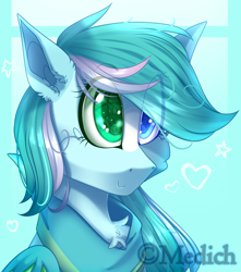 Size: 2022x2283 | Tagged: safe, artist:mediasmile666, derpibooru import, oc, oc only, bat pony, pony, abstract background, bat pony oc, bat wings, bust, chest fluff, eye clipping through hair, eyebrows, eyebrows visible through hair, female, heterochromia, high res, mare, smiling, solo, wings