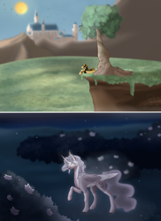 Size: 3400x4680 | Tagged: safe, artist:pokaparida, derpibooru import, daybreaker, princess celestia, princess luna, alicorn, pony, alternate design, duo, duo female, female, glowing eyes, high res, mare, tree