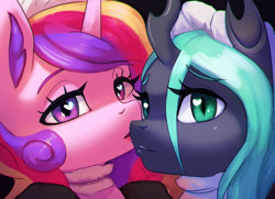 Size: 1900x1375 | Tagged: safe, artist:mrscroup, derpibooru import, princess cadance, queen chrysalis, alicorn, changeling, changeling queen, pony, cadalis, clothes, female, heart eyes, infidelity, kissing, lesbian, looking at you, maid, mare, princess cheatdance, shipping, wingding eyes