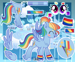 Size: 3600x3000 | Tagged: safe, artist:camikamen, derpibooru import, rainbow dash, pony, alternate cutie mark, alternate hairstyle, one eye closed, reference sheet, solo, two toned wings, wings, wink