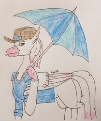 Size: 2230x2663 | Tagged: safe, artist:agdapl, derpibooru import, hippogriff, clothes, crossover, female, hat, hippogriffied, rule 63, signature, sniper, solo, species swap, team fortress 2, traditional art, umbrella