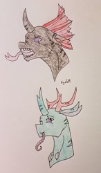 Size: 1705x2923 | Tagged: safe, artist:agdapl, derpibooru import, pharynx, changedling, changeling, bust, duo, fangs, male, reference sheet, tongue, tongue out, traditional art
