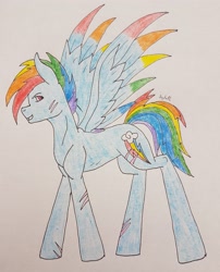 Size: 2715x3362 | Tagged: safe, artist:agdapl, derpibooru import, rainbow dash, pegasus, pony, female, mare, scar, signature, solo, traditional art, wings