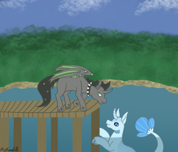 Size: 1750x1500 | Tagged: safe, artist:misskanabelle, derpibooru import, oc, oc only, changeling, pony, changeling oc, choker, cloud, duo, green changeling, horn, looking at each other, outdoors, pier, seapony oc, signature, spiked choker, water