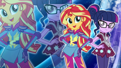 Size: 1920x1080 | Tagged: safe, artist:pegasski, artist:pinkiespartygirl, derpibooru import, sci-twi, sunset shimmer, twilight sparkle, equestria girls, friendship games, clothes, female, glasses, hand on hip, open mouth, skirt, smiling, zoom layer