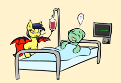 Size: 1300x900 | Tagged: safe, artist:lyrabop, derpibooru import, oc, oc only, oc:cheeseblood, bat pony, ghost, pony, undead, bat pony oc, bat wings, bed, blood, blood pack, death, drinking, duo, female, heart rate monitor, mattress, simple background, spread wings, sucking blood, wings