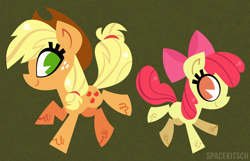 Size: 1280x823 | Tagged: safe, artist:spacekitsch, derpibooru import, apple bloom, applejack, female, filly, mare