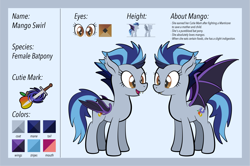 Size: 5155x3422 | Tagged: safe, artist:alexdti, derpibooru import, oc, oc:mango swirl, bat pony, pony, female, mare, reference sheet, solo