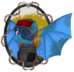 Size: 1920x1886 | Tagged: safe, artist:spokenmind93, derpibooru import, oc, oc:crosshair, bat pony, armor, barbed wire, bat pony oc, bust, eyepatch, goggles, helmet, obtrusive watermark, portrait, rusted, scar, solo, watermark