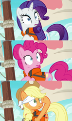 Size: 1280x2160 | Tagged: safe, derpibooru import, edit, screencap, applejack, pinkie pie, rarity, ppov, blindfold, comparison, lifejacket, looking back, sailboat, surprised