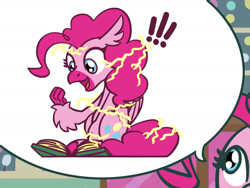 Size: 1800x1350 | Tagged: safe, artist:flutterluv, derpibooru import, pinkie pie, earth pony, hippogriff, pony, atg 2021, book, exclamation point, hippogriffied, magic, newbie artist training grounds, solo, species swap, speech bubble, transformation