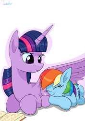 Size: 2480x3507 | Tagged: safe, artist:twidasher, derpibooru import, rainbow dash, twilight sparkle, twilight sparkle (alicorn), alicorn, pegasus, pony, book, butt pillow, duo, eyes closed, female, happy, lesbian, shipping, signature, simple background, size difference, sleeping, twidash, white background, wing blanket, winghug, wings