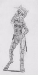 Size: 2174x4232 | Tagged: safe, artist:joestick, derpibooru import, oc, oc only, anthro, earth pony, armor, female, helmet, knee pads, mask, monochrome, police, police officer, police pony, pouch, swat, traditional art