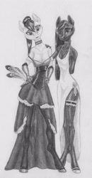 Size: 2222x4268 | Tagged: safe, artist:joestick, derpibooru import, oc, oc only, anthro, earth pony, unguligrade anthro, accessories, anthro oc, choker, clothes, dress, female, gloves, grayscale, looking at you, mare, monochrome, peacock feathers, shoes, side slit, smiling, smiling at you, socks, stockings, thigh highs, traditional art