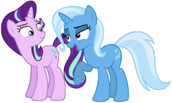 Size: 8680x5210 | Tagged: safe, artist:famousmari5, derpibooru import, starlight glimmer, trixie, pony, unicorn, absurd resolution, duo, duo female, female, looking at each other, mare, raised hoof, raised leg, simple background, transparent background, vector