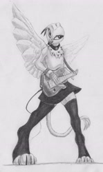 Size: 2728x4586 | Tagged: safe, artist:joestick, derpibooru import, oc, oc only, anthro, griffon, clothes, electric guitar, female, guitar, monochrome, musical instrument, socks, spread wings, stockings, thigh highs, traditional art, wings