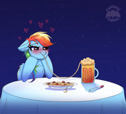 Size: 1280x1158 | Tagged: safe, artist:confetticakez, derpibooru import, rainbow dash, pegasus, pony, blushing, cider, date, female, food, heart, looking at something, mare, pasta, spaghetti, that pony sure does love cider