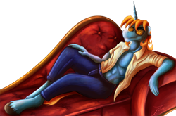 Size: 1500x989 | Tagged: safe, artist:jamescorck, derpibooru import, oc, oc only, anthro, unguligrade anthro, unicorn, clothes, digital art, male, pants, sitting, sofa, solo, sunglasses