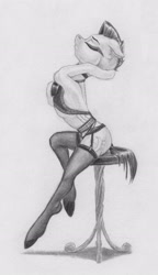 Size: 2015x3508 | Tagged: safe, artist:joestick, derpibooru import, oc, oc only, earth pony, pony, choker, clothes, female, monochrome, sitting, socks, stockings, stool, thigh highs, traditional art